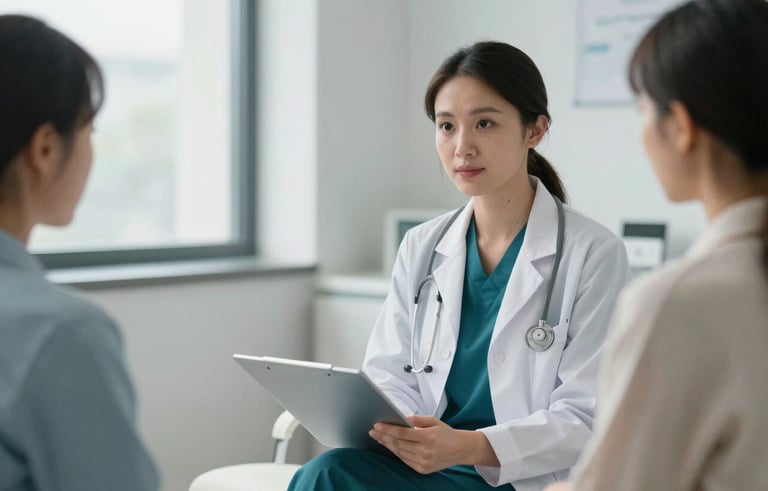 A professional and empathetic medical practitioner in a clean, modern North American clinic, consulting with a patient. The room is filled with soft natural light, reflecting a calm atmosphere. The practitioner wears a white coat over dark teal professional attire.