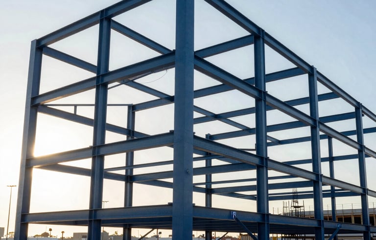 Professional photography of the structural steel framework for a large commercial complex under construction in a US city. Sunset lighting creates strong highlights and long shadows on the metal beams. The composition is modern and geometric. Palette: dark blue, light blue, and white.