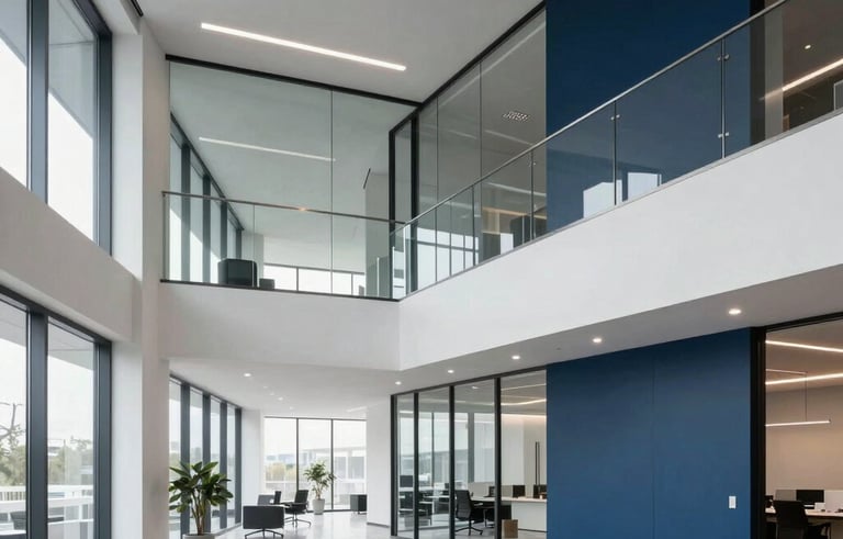 Professional architectural photography of a newly completed modern office interior in North America. The space features high ceilings, glass partitions, and polished concrete floors. Soft, natural light emphasizes the high-quality construction and clean lines. Palette: white, grey blue, and deep blue.