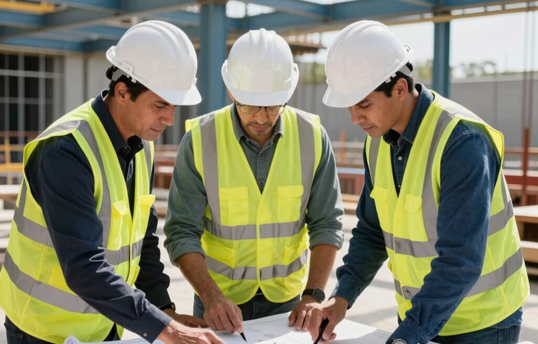A sharp, high-resolution photograph of a professional construction site in the US. North American engineers wearing white hard hats and high-visibility vests are reviewing architectural blueprints on a large drafting table. Bright daylight illuminates the scene, with steel framework visible in the background. Colors include steel blue, white, and dark blue.