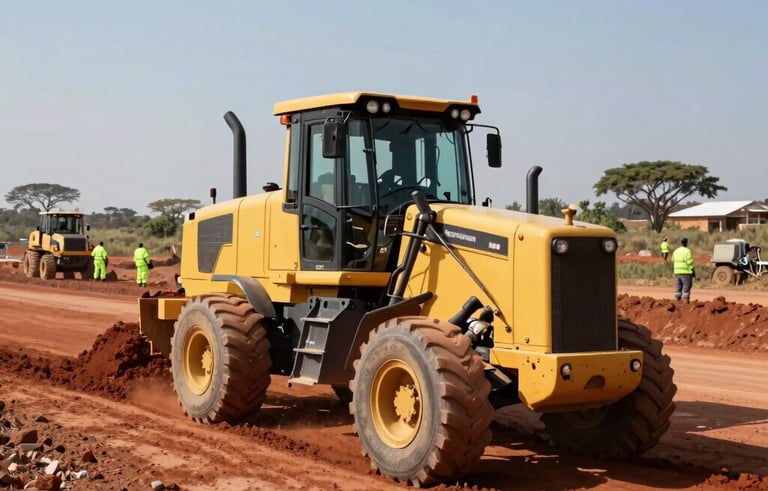 A wide-angle professional photograph of a road construction site in Southern Africa. A yellow motor grader is levelling red earth under a bright midday sun. High-visibility clad workers are seen in the distance near construction equipment, reflecting a busy, productive corporate civil works project.