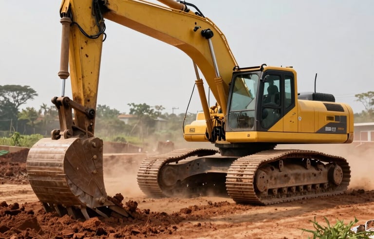 A powerful excavator working on a Zimbabwean land development site, clearing shrubs and leveling red soil for future infrastructure. The composition is professional, focusing on the heavy machinery in action with clear dust trails and bright natural lighting.
