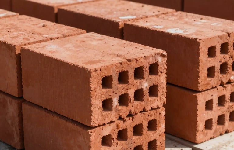 Professional photography of high-quality red clay bricks stacked in precise rows at a modern construction site in North America. The scene features bright daylight and clean lines, emphasizing the durability and robust nature of the building material.