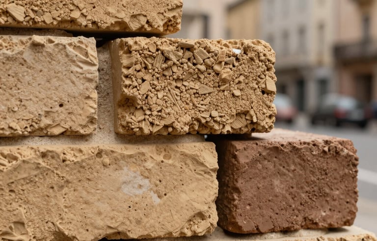 Macro photography of various textured architectural bricks in shades of sand tan and muted brown. Focus on the grainy, robust surface quality with a blurred European urban background.