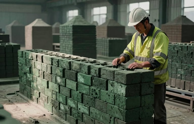 A wide shot of a traditional brick kiln in a professional manufacturing facility. A craftsman in North American safety attire inspects a row of hand-molded bricks. Warm industrial lighting with deep slate green shadows.