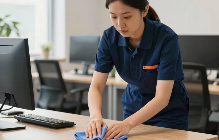 A professional cleaner in a navy blue uniform cleaning a modern office desk in a bright Central European workplace, using a microfiber cloth, clean and organized environment, soft natural daylight.