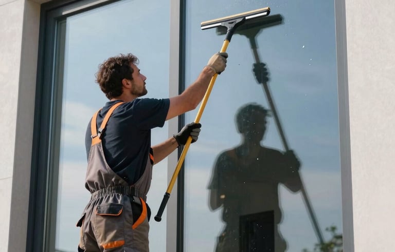 A professional window cleaner using a squeegee on a large glass window of a modern European home, blue sky reflected in the glass, wearing professional work wear.