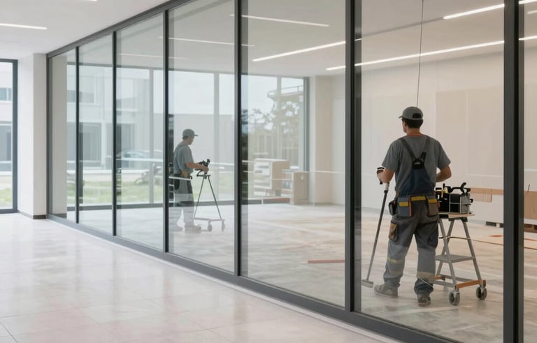 The interior of a clean, modern building under final construction cleaning in Central Europe, with bright tiles and large glass partitions, reflecting professional quality and care.
