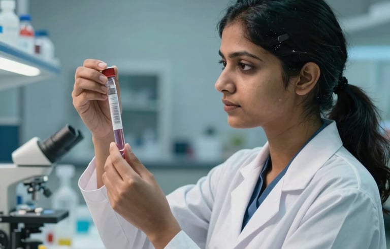 A South Asian / Indian female scientist in a professional lab coat examining a medical vial in a modern research facility. Soft teal and steel blue ambient lighting. Precise, trustworthy, and innovative atmosphere.
