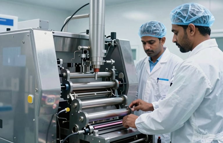 Interior of a state-of-the-art pharmaceutical manufacturing unit in India. South Asian / Indian technicians in sterile lab gear monitoring a high-speed tablet pressing machine. Clean, bright steel blue and white environment, sharp focus, professional industrial photography.