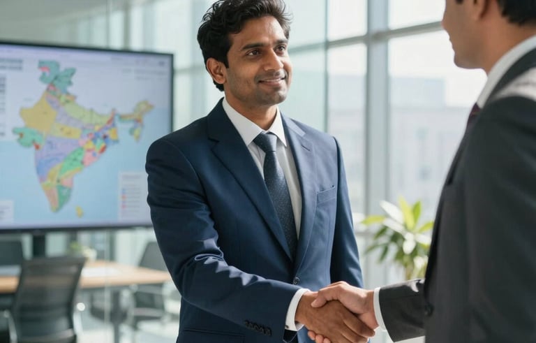 A professional South Asian / Indian businessman in a sharp navy blue corporate suit shaking hands with a business partner in a modern, sunlit glass office. In the background, a blurred map of India is visible on a digital screen. Soft, natural lighting, high-end corporate photography style.