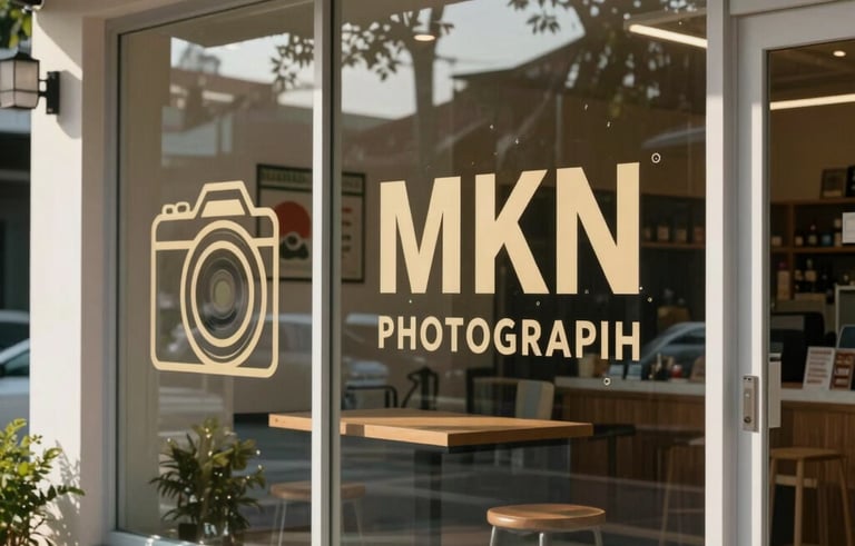 Professional photography of an Indonesian shopfront featuring high-quality color vinyl branding stickers on the front glass windows. The lighting is soft morning sun, showing clean application without bubbles.