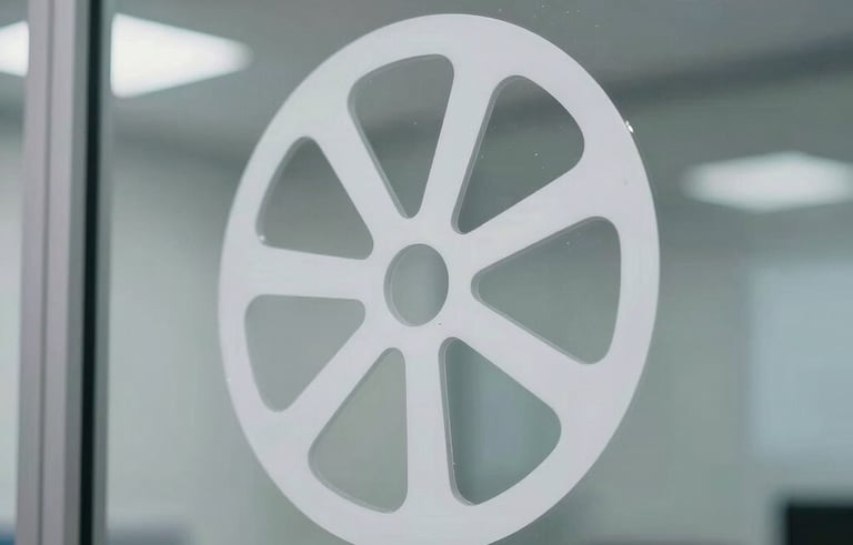 Close-up photography of high-precision white vinyl cutting stickers being applied to a clean glass partition in a professional Indonesian office environment. The design is modern and minimalist with sharp edges.