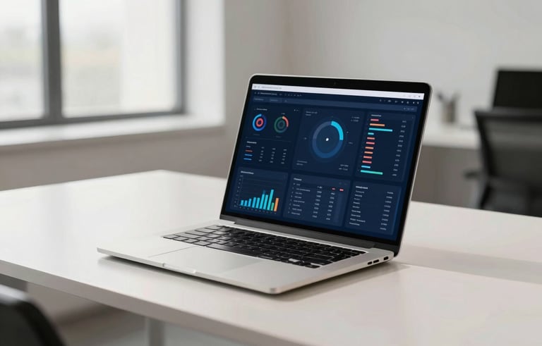 A high-end, minimalist North American office setting with a sleek laptop open on a clean desk, showing a sophisticated dashboard of data visualizations in shades of blue and off-white. The lighting is bright and natural, reflecting a professional and intelligent atmosphere.