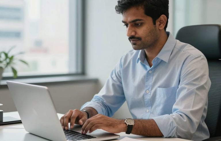 A professional South Asian Chartered Accountant in a modern Mumbai office, working on a clean desk with a laptop and organized financial documents, soft natural lighting, reflecting trust and modern efficiency.