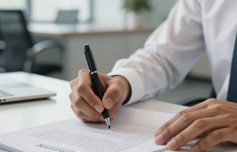 Close-up of a professional hand in a crisp white shirt signing corporate documents in a bright, modern Bengaluru office, professional and reliable atmosphere.
