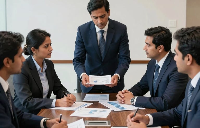 A collaborative meeting scene in a high-end Indian boardroom with South Asian professionals reviewing financial charts, focused and authoritative mood, navy blue and white tones.
