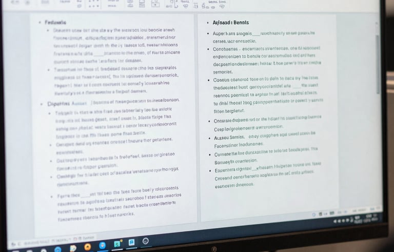Close-up photography of a professional workstation in a Central Asian corporate office, showing a screen with a complex document being translated side-by-side with its original formatting intact.