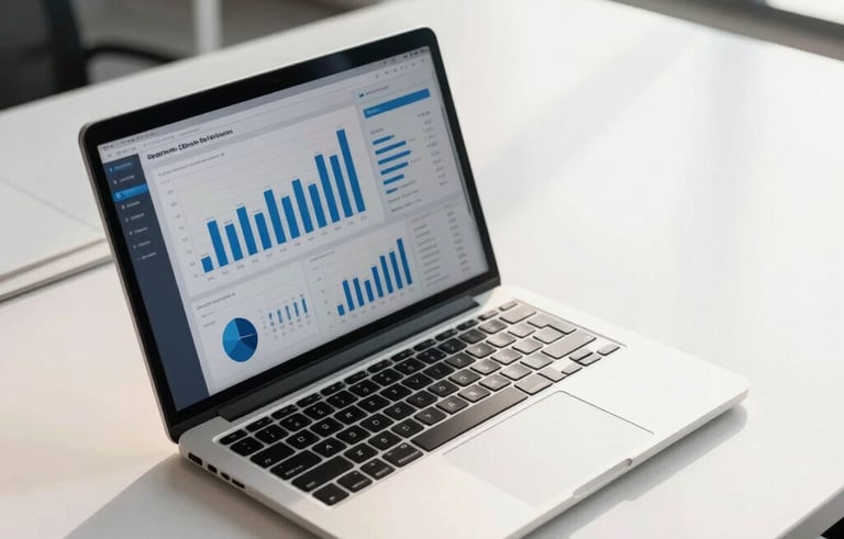 A professional high-angle shot of a sleek laptop displaying a clean financial dashboard with blue charts, sitting on a polished white desk in a modern Almaty office with soft morning light.