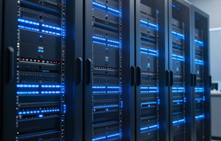 A high-tech server room with glowing blue light strips on rows of advanced computing racks, representing a secure air-gapped on-premise AI environment, sleek and industrial style.