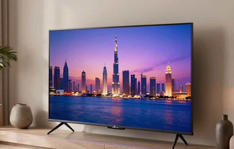 A modern Smart TV displaying vibrant high-definition colors in a contemporary living room in Al Nahda, Dubai. The setting features minimalist decor and soft ambient lighting. Middle Eastern / Gulf interior styling.