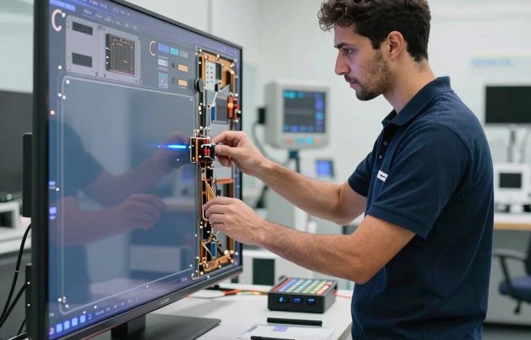 A professional technician in a clean, modern workshop in Dubai, meticulously inspecting the internal components of a large LED television screen. The environment is organized with high-tech diagnostic tools. Bright, natural light illuminates the technical work. Middle Eastern / Gulf setting.