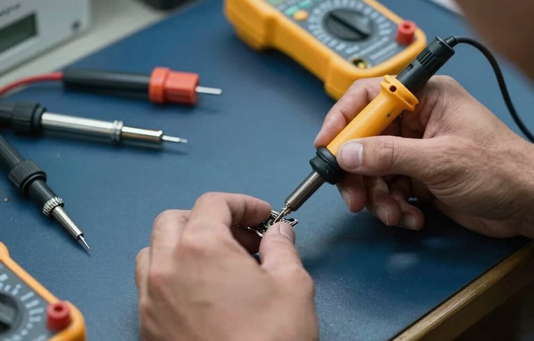 A detailed shot of technical repair tools including a soldering iron and multimeter on a dark blue workbench. A technician's hands are focused on a precision hardware fix. Professional Middle Eastern / Gulf service center atmosphere.