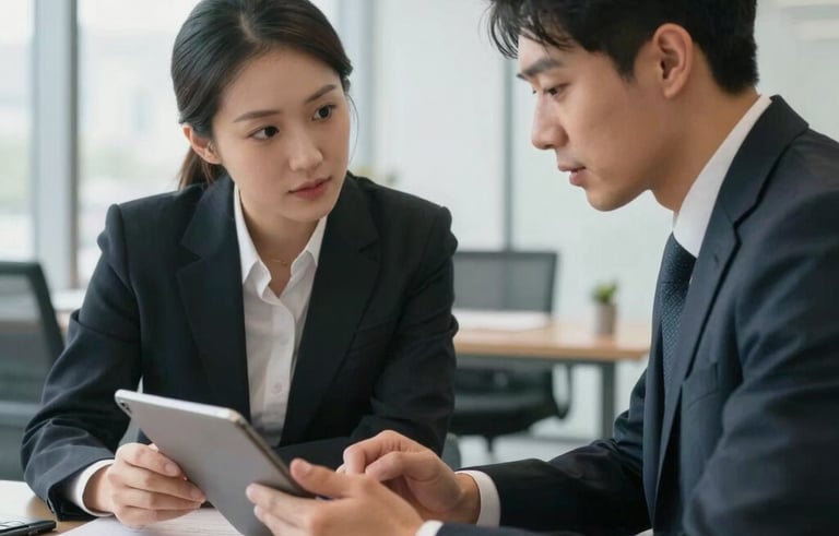 A professional consultation session in a bright, modern US office; two individuals in business attire review strategic data on a tablet, focused and professional atmosphere.