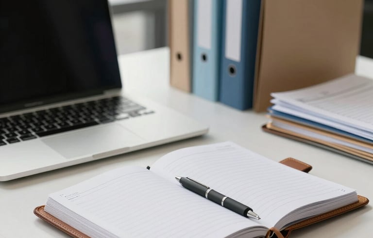 A clean, modern North American office workspace featuring a high-end laptop, a leather-bound planner, and organized folders, symbolizing professional document support.