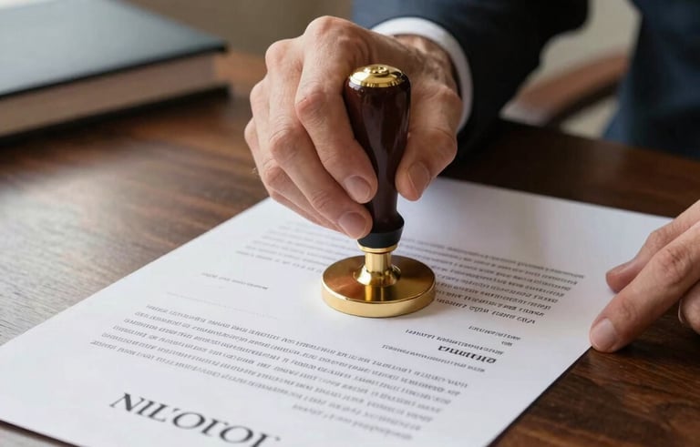 A close-up photograph of a professional notary public applying a gold-embossed seal to a legal document on a dark wood desk, soft natural office lighting, North American business setting.