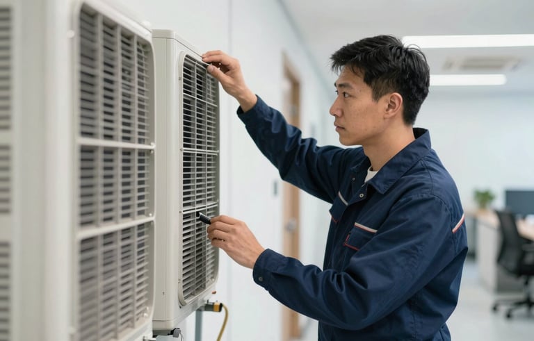 A professional maintenance technician in a clean corporate environment, performing an inspection on a central air conditioning panel. The setting is a bright, modern office hallway in North American / Mexican style. Professional navy blue attire, sophisticated lighting.
