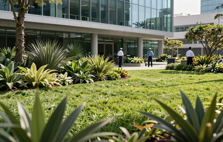 Elegant corporate landscaping outside a glass office building in North American / Mexican style. Manicured grass, lush green plants, and professional gardeners working in the background. Sunny day, sophisticated and peaceful environment.