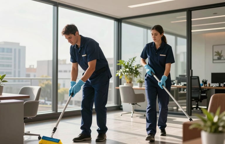 A professional cleaning crew wearing navy blue uniforms sanitizing a high-end corporate office in North American / Mexican style. Large glass windows, modern furniture, and warm morning light. The atmosphere is clean and reliable.