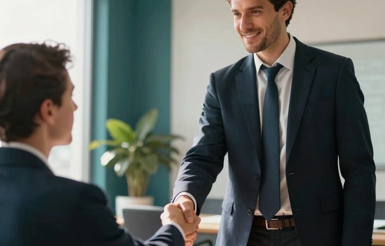 A professional Iberian &amp;#x2F; Spanish business consultant in a modern, sunlit office shakes hands with a candidate, symbolizing a successful strategic connection. The scene is sophisticated and empowering, with deep teal and off-white interior accents.