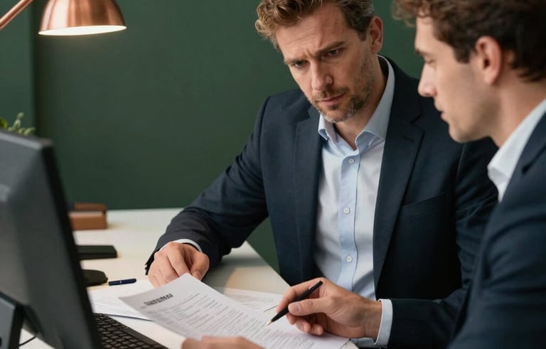 An Iberian &amp;#x2F; Spanish professional in a focused consultation session, reviewing documentation on a clean desk. The atmosphere is strategic and trustworthy, with copper and dark green office elements.