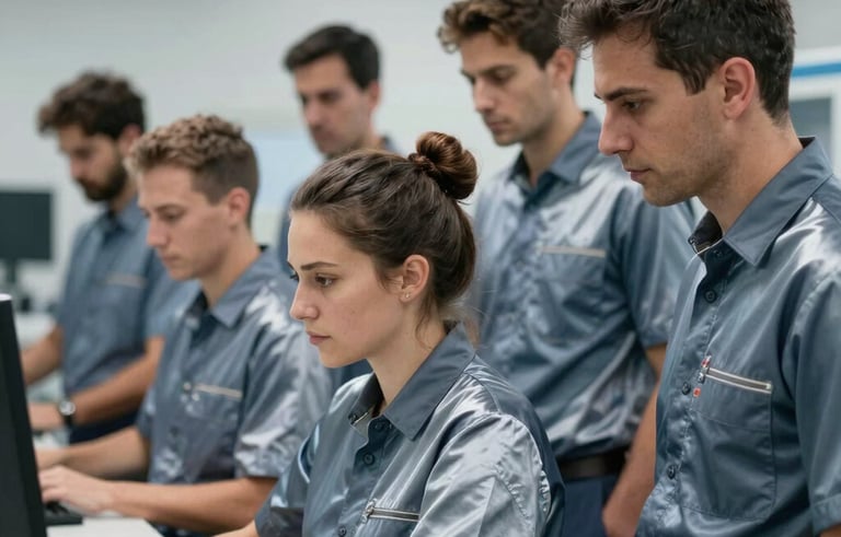 A group of focused Iberian &amp;#x2F; Spanish professionals in a clean, modern facility, wearing steel blue uniforms. They are organized and efficient, representing high standards of quality in the services sector. Professional lighting.