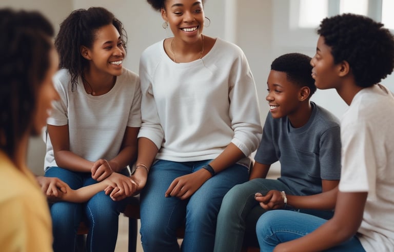 A calm, cozy space where a teenager and counselor engage in open conversation.