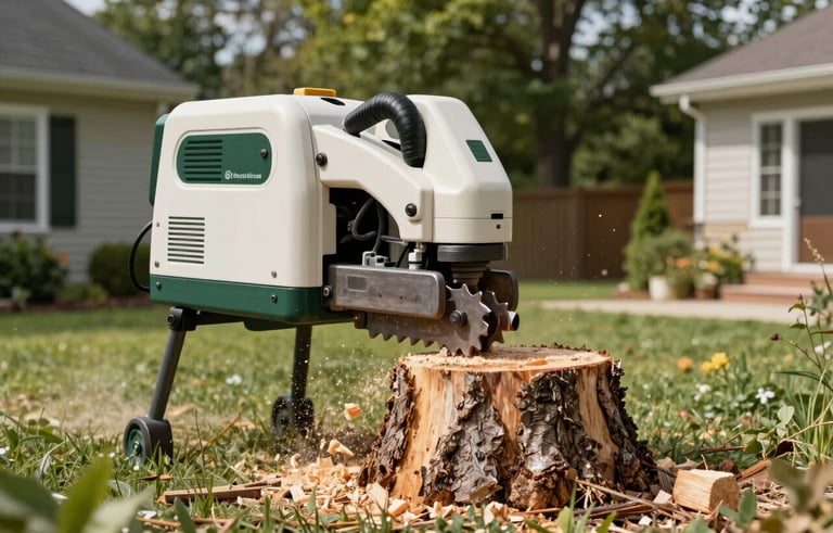 A professional stump grinding machine actively working on a large tree stump in a lush North American residential backyard. Sawdust and wood chips fly low to the ground. Bright daylight, sharp focus on the machinery's steel teeth. Off-white and dark green color palette.