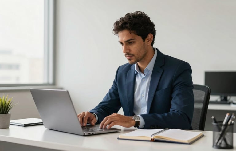 Professional photography of a modern, clean administrative office in Brazil. A South American professional is working efficiently at a minimalist desk with a laptop and a notebook. Bright, natural lighting, reflecting a sense of trust and organization. Palette includes dark blue and off-white tones.