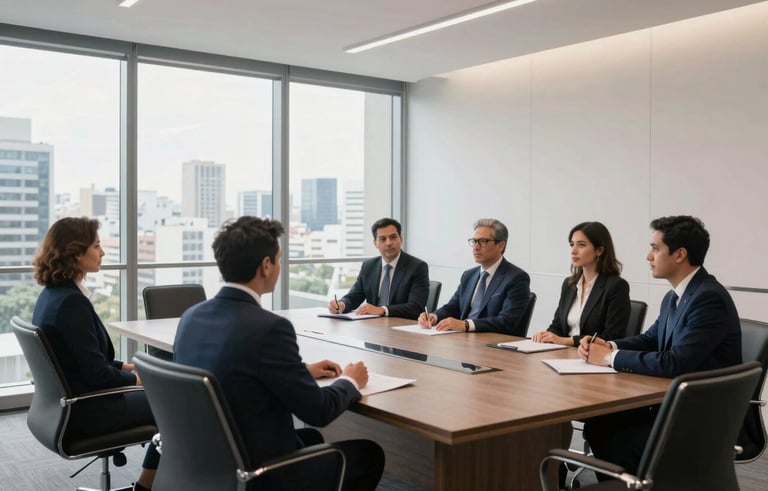 Photography of a sophisticated meeting room in a Brazilian corporate building. A large glass window shows a city view. The interior is minimalist and modern, representing excellence in administrative consulting. Professional South American business atmosphere. Palette: dark blue and off-white.