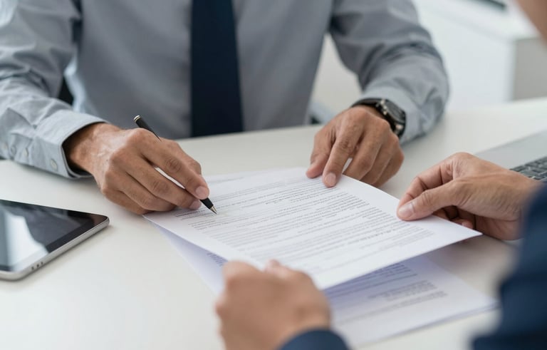 Close-up of professional South American hands organizing financial documents and a digital tablet in a bright Brazilian office. The composition is clean and focused, symbolizing precision and efficiency. Lighting is soft and professional. Colors: light gray and medium blue.