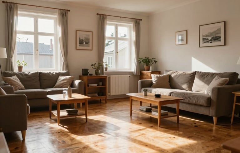 A wide shot of a cozy, sunlit living room in a Northern European home. The wooden floors are shining, and the furniture is dust-free. The atmosphere is calm and inviting, showing the results of professional residential cleaning.