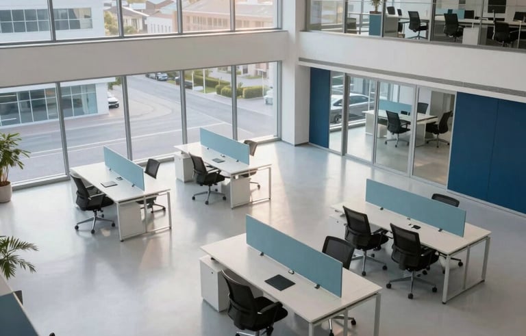 A high-angle photograph of a bright, modern corporate office in Hillegom, featuring minimalist desks and large windows. The space is immaculately clean, reflecting light from a soft afternoon sun. Northern European architectural style, with accents of light blue and dark blue in the decor.