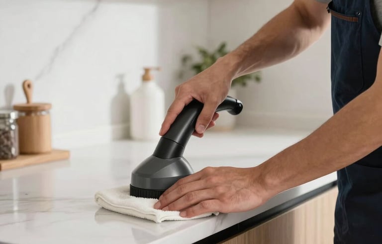 Close-up of a professional cleaner wearing a clean uniform, using specialized equipment to sanitize a high-end kitchen. Modern Dutch interior with wooden and white marble textures, bright natural lighting, and a sharp, clean focus.