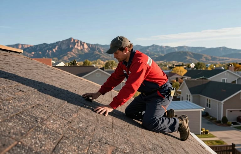 A wide-angle professional photograph of a roofing specialist in a red and dark blue uniform inspecting a residential rooftop in Colorado Springs. The background shows clear blue skies and the Rocky Mountains. The lighting is bright morning sun, emphasizing high-quality asphalt shingles. North American / US.