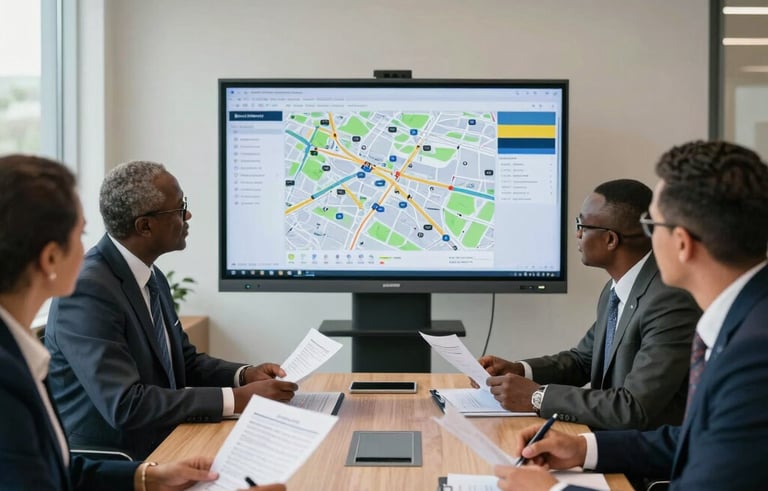 A corporate meeting scene in Gaborone, Botswana, featuring professional individuals in a clean, modern boardroom. They are reviewing logistics documents and digital maps on a large screen. The atmosphere is collaborative and professional, with soft natural light coming through large windows.