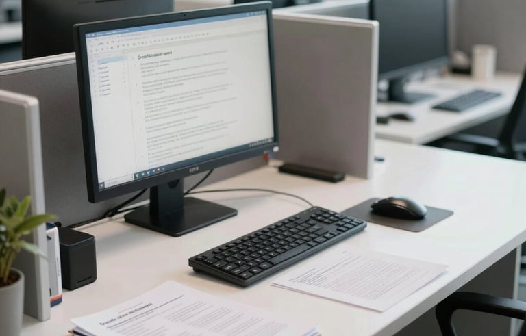 A clean and organized administrative workstation in a high-end Brazilian corporate building. A modern computer setup on a white desk with professional documents and a focus on detail. Bright, natural lighting highlights a professional atmosphere.