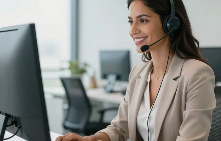 A professional South American woman working in a bright, modern Brazilian office, wearing a headset and smiling while focusing on her computer screen. The background is a clean, minimalist workspace with soft natural light and blue accents, conveying efficiency and high-quality administrative support.