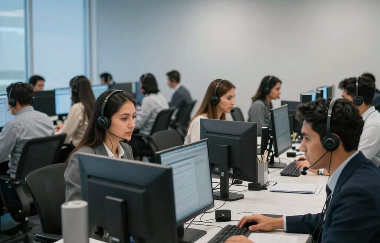 A wide angle shot of a modern South American call center. Professional staff are seated at clean desks with ergonomic chairs and advanced headsets. The atmosphere is energetic yet orderly, with a palette of light grey and blue lighting.