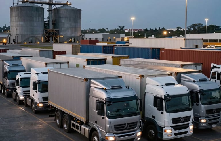 A sharp, modern photograph of a heavy-duty industrial logistics fleet parked at a West African port hub. The composition shows silver and white transport trucks arranged neatly under a twilight sky, with industrial silos and modern lighting in the background.